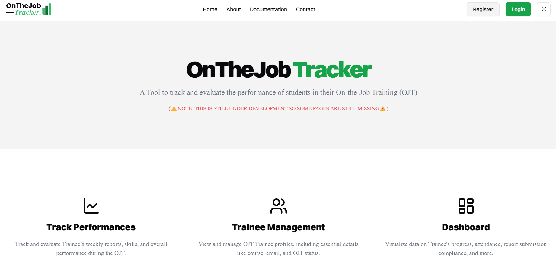 OnTheJob Tracker landing page and feature overview