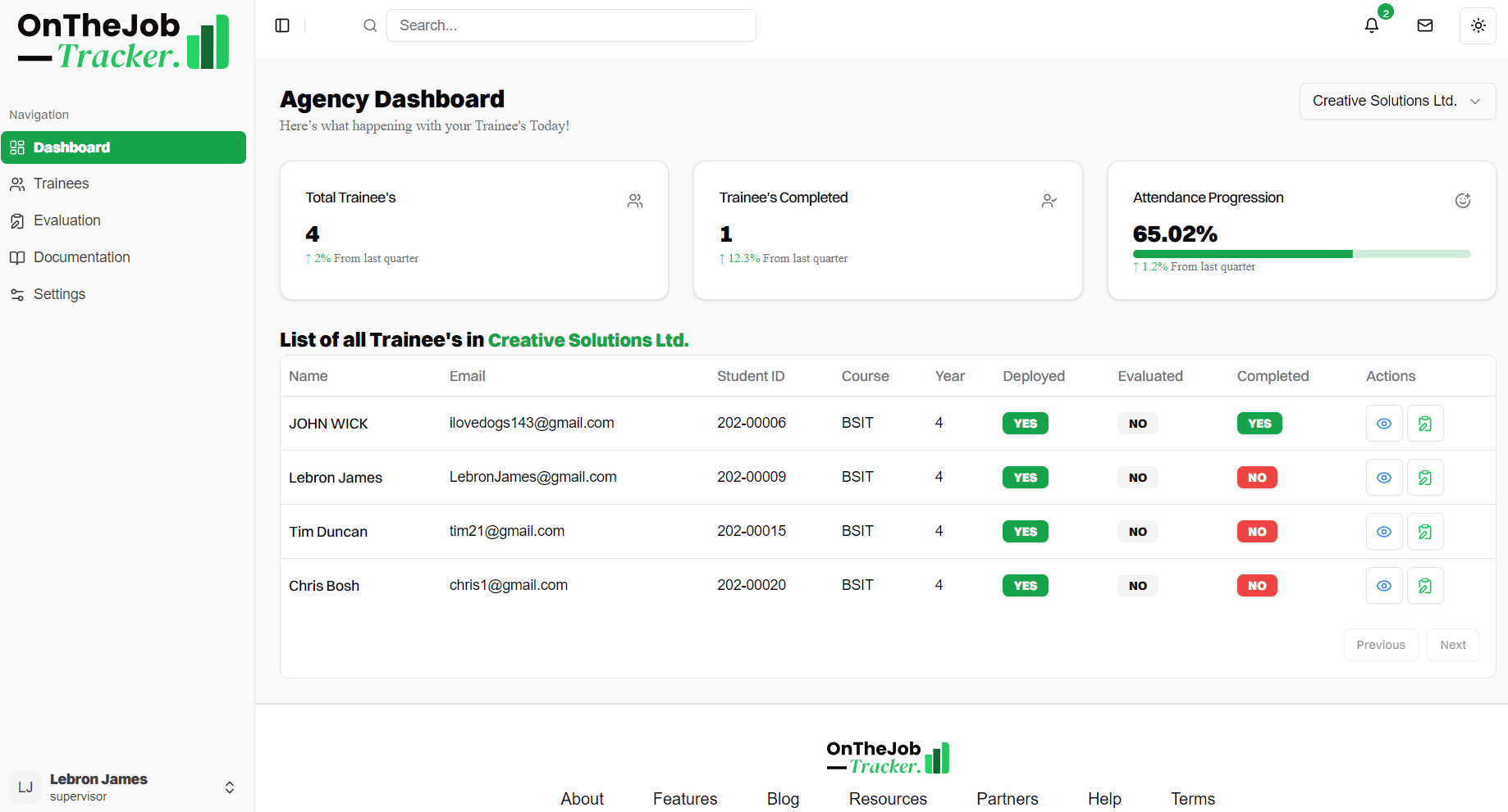 OnTheJob Tracker role-based product interface